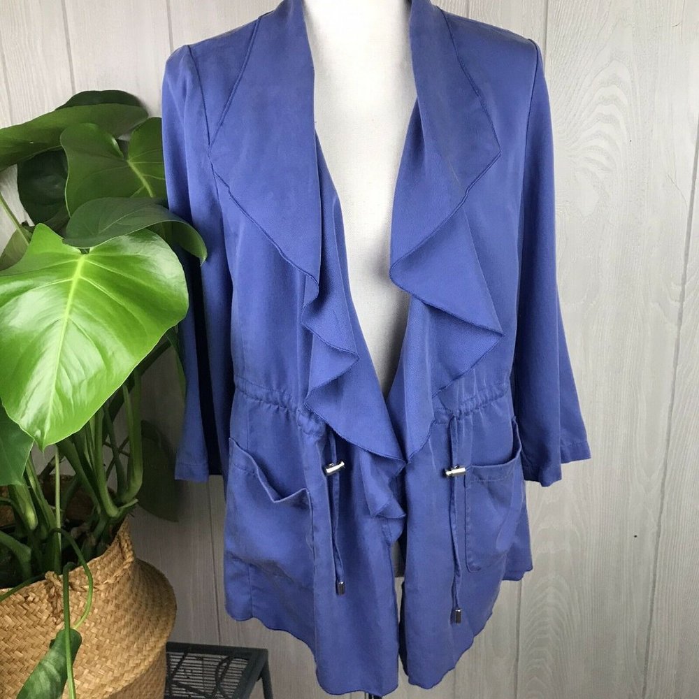Chico’s Open Front Lightweight Jacket Blue Drawstring Waist Pockets Size Medium